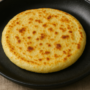 Pão de queijo de frigideira sem glúten dourado em frigideira preta, com casquinha crocante e textura macia, pronto para servir no café da manhã