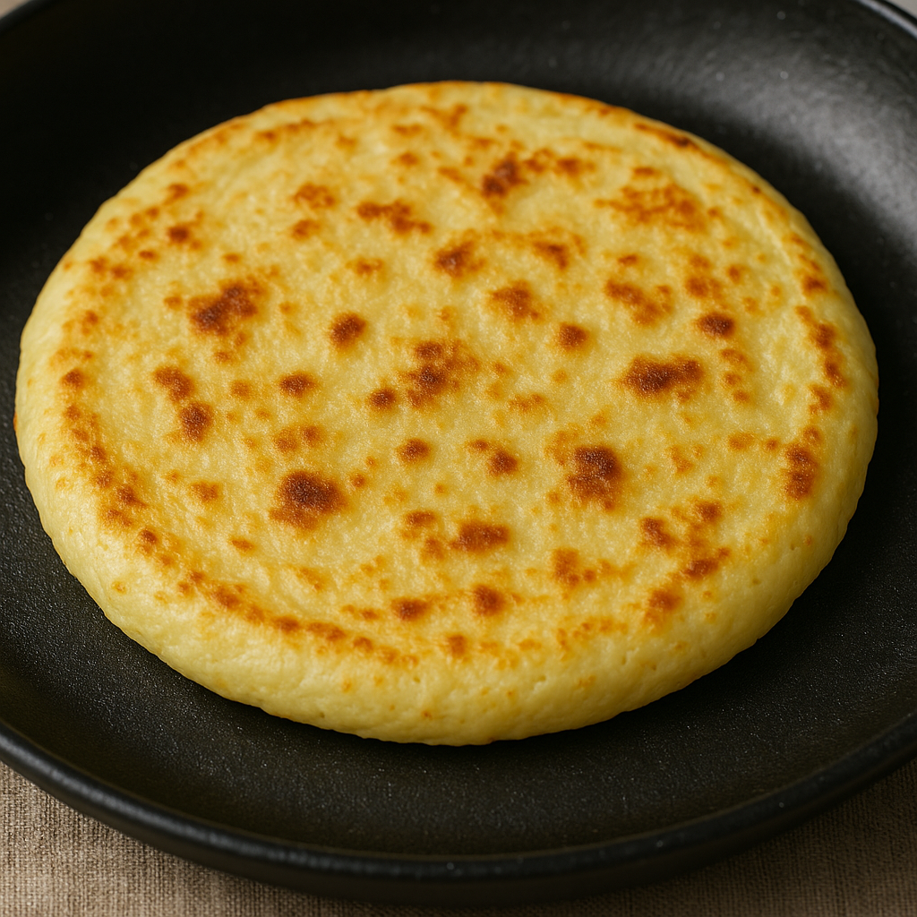 Pão de queijo de frigideira sem glúten dourado em frigideira preta, com casquinha crocante e textura macia, pronto para servir no café da manhã
